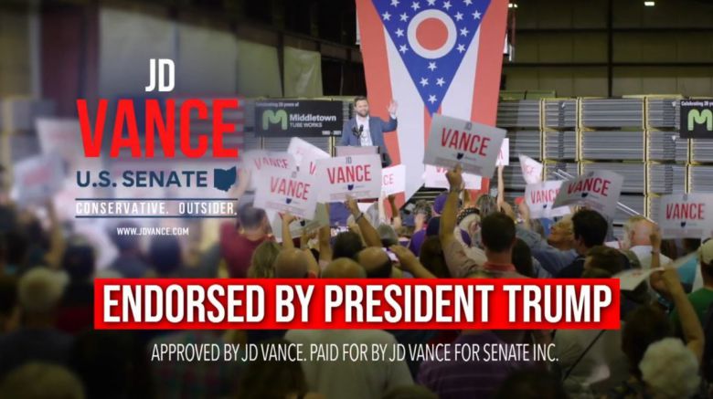 상원의원 후보 시절 밴스 부통령의 15초 TV 광고. ‘트럼프 대통령이 공식 지지했다’는 문구가 크게 적혀있다. 사진 출처 밴스 부통령 유튜브