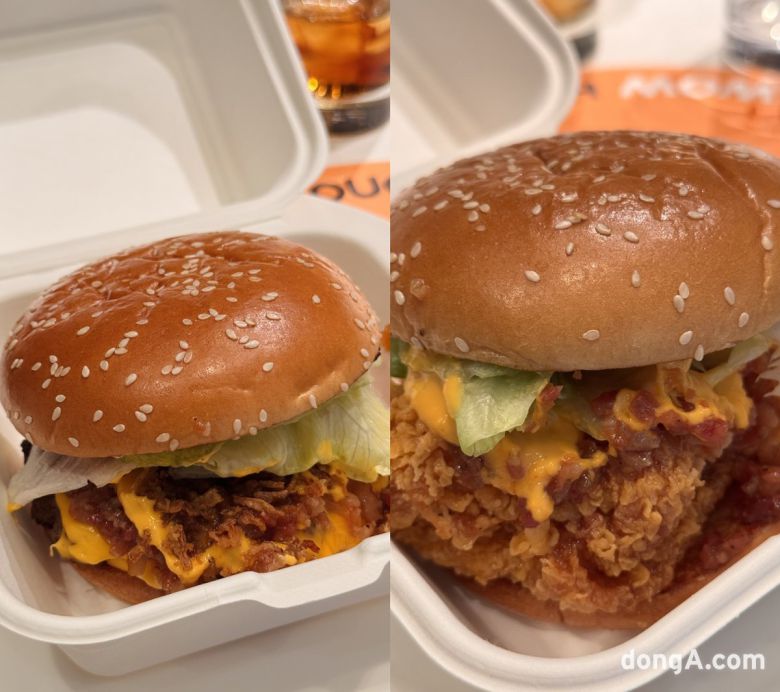 맘스터치가 에드워드 리 셰프와 함께 출시한 ‘에드워드 리 비프버거(왼쪽)’과 ‘에드워드 리 싸이버거(오른쪽)’. 윤우열 기자 cloudancer@donga.com