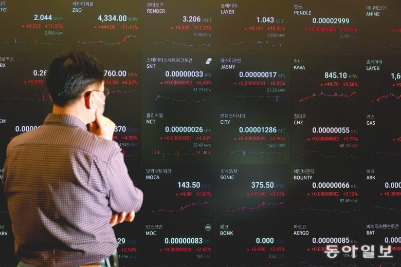 21일 서울 강남구 가상화폐거래소 업비트 라운지에서 60대 남성 고객이 코인 시세 그래프를 보고 있다. 전영한 scopyjyh@donga.com
