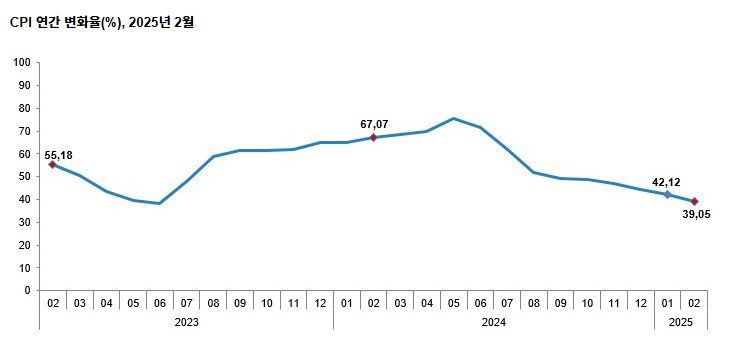 튀르키예 소비자물가지수 상승률 추이. 2024년 5월 75%로 정점을 찍은 뒤 하락 추세를 보이고 있다. 튀르키예 통계청
