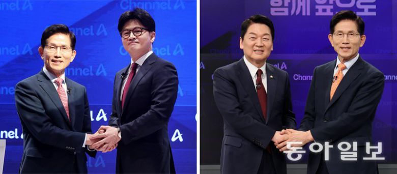 김문수vs한동훈, 안철수vs김문수 ‘맞수토론’ 국민의힘 김문수 전 고용노동부 장관(왼쪽 사진 왼쪽)과 국민의힘 한동훈 전 대표(오른쪽), 김 전 장관과 국민의힘 안철수 의원(오른쪽 사진 왼쪽)이 24일 서울 종로구 동아미디어센터 채널A 오픈스튜디오에서 ‘일대일 맞수토론’을 하기 전에 서로 악수를 하고 있다. ‘일대일 맞수토론’은 2차 경선 진출자 4명이 일대일로 맞붙어 토론하는 형식으로 내일까지 진행된다. 장승윤 기자 tomato99@donga.com