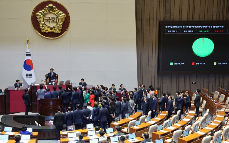 1일 서울 여의도 국회에서 열린 제424회 국회(임시회) 제7차 본회의에서 국민의힘 의원들이 최상목 탄핵소추안 상정에 반발하며 우원식 국회의장을 찾아가 규탄하고 있다. 뉴시스