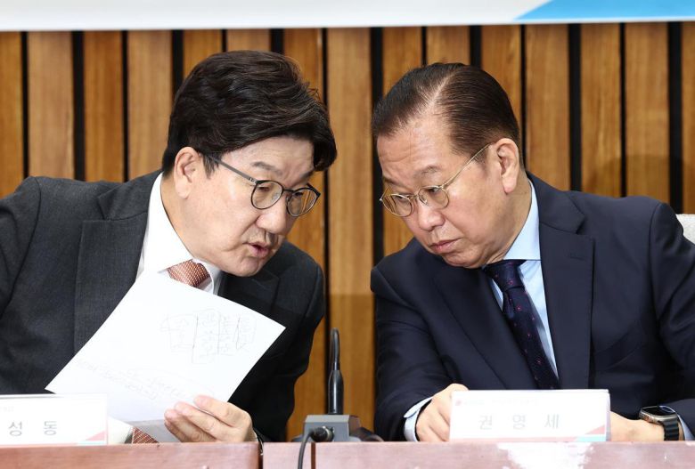 (서울=뉴스1) 국민의힘 권영세 비상대책위원장과 권성동 원내대표가 1일 오전 서울 여의도 국회에서 열린 ‘SK텔레콤 소비자 권익 및 개인정보보호를 위한 긴급 간담회’에서 대화하고 있다. 2025.5.1/뉴스1