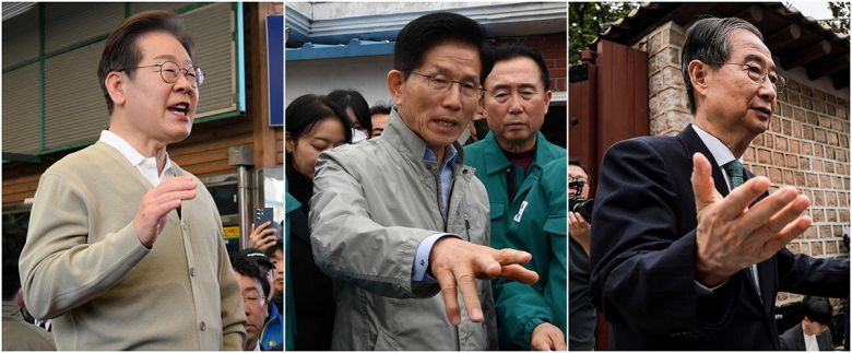 더불어민주당 이재명 대선 후보(왼쪽 사진)가 6일 오전 충북 증평군 장뜰시장을 찾아 즉흥 연설을 하고 있다. 국민의힘 김문수 후보(가운데 사진)는 대형 산불 피해 지역인 경북 영덕군 영덕읍 석리마을에서 피해 상황을 보고받고 있다. 한덕수 전 국무총리가 이낙연 전 총리와 서울 중구의 한 식당에서 오찬 회동을 마친 뒤 나오고 있다. 뉴스1·뉴시스