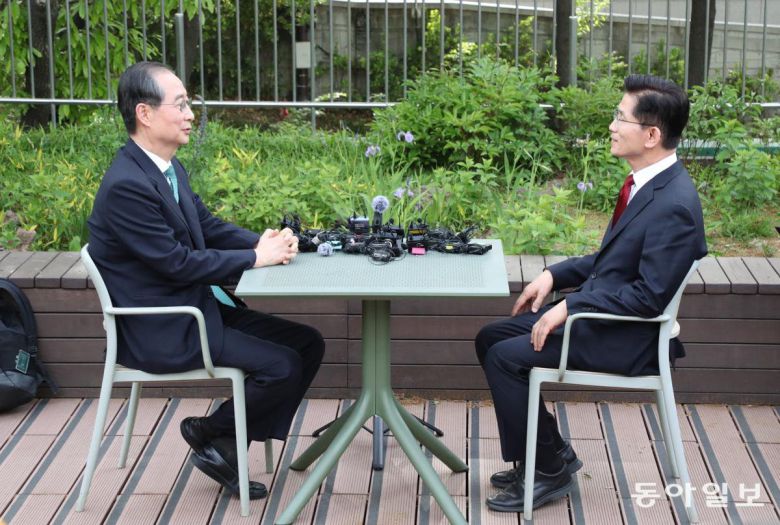 김문수 국민의힘 대통령 후보와 한덕수 무소속 대선 예비후보가 8일 오후 서울 여의도 국회 강변서재에서 후보 단일화 관련 회동을 하고 있다.  이훈구 기자 ufo@donga.com