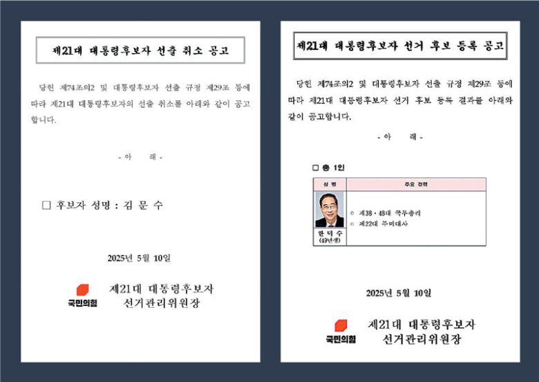 국민의힘 홈페이지에 공고된 김문수 대선 후보 선출 취소 공고문과 한덕수 전 총리 대선 후보 등록 공고문. 국민의힘 홈페이지 캡처