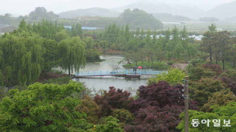 바다를 메운 간척지 농장에 자리 잡은 ‘금세기정원’ 수변공원. 파란 다리가 가로지른 연못은 공중에서 보면 한반도 모양이다.