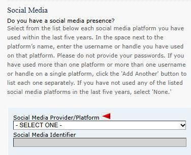 미국의 비자 신청 서식 ‘DS-160’. 최근 5년간 사용한 모든 소셜미디어 계정을 밝히라는 내용이 있다.  미 국무부 홈페이지 캡처