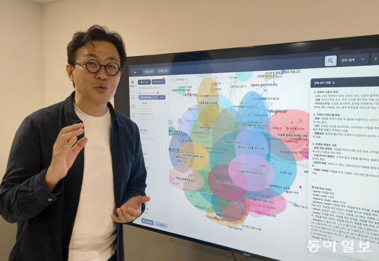 박세용 어센트코리아 대표가 20일 서울 강남구 본사에서 검색어 기반 소비자 의도 파악 플랫폼 ‘리스닝마인드’를 이용해 분류한 ‘무알콜 맥주를 찾는 전형적인 고객군’ 분포를 설명하고 있다. 허진석 기자 jameshur@donga.com