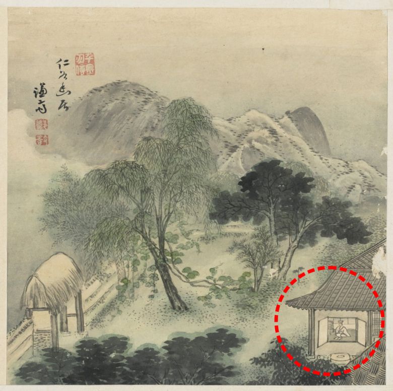 정선이 50대부터 83세로 생을 마감할 때까지 거주한 ‘인곡유거’. 오른쪽 아래 도포 입은 선비(점 선 안)가 겸재의 자화상으로, 평생 문인이고 싶던 그의 바람이 표현됐다. 간송문화미술재단 제공
