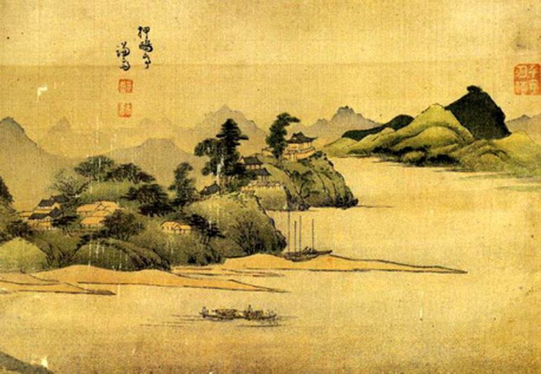 겸재 정선의 화첩 ‘경교명승첩’(1741∼1759)에 수록된 ‘압구정’. 현 영동대교에서 바라본 압구정동의 모습을 묘사했다. 가운데 언덕 위 기와집은 조선 세력가 한명회가 권세를 잃은 뒤 살던 집 ‘압구정’이다. 간송문화미술재단 제공