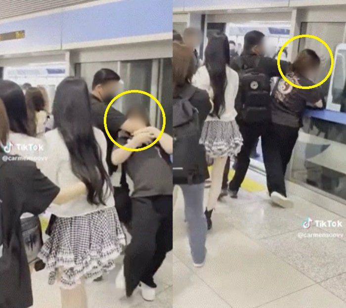 걸그룹 하츠투하츠 경호원이 공항에서 시민을 밀치며 위협했다는 영상 일부분. X(트위터) 캡처