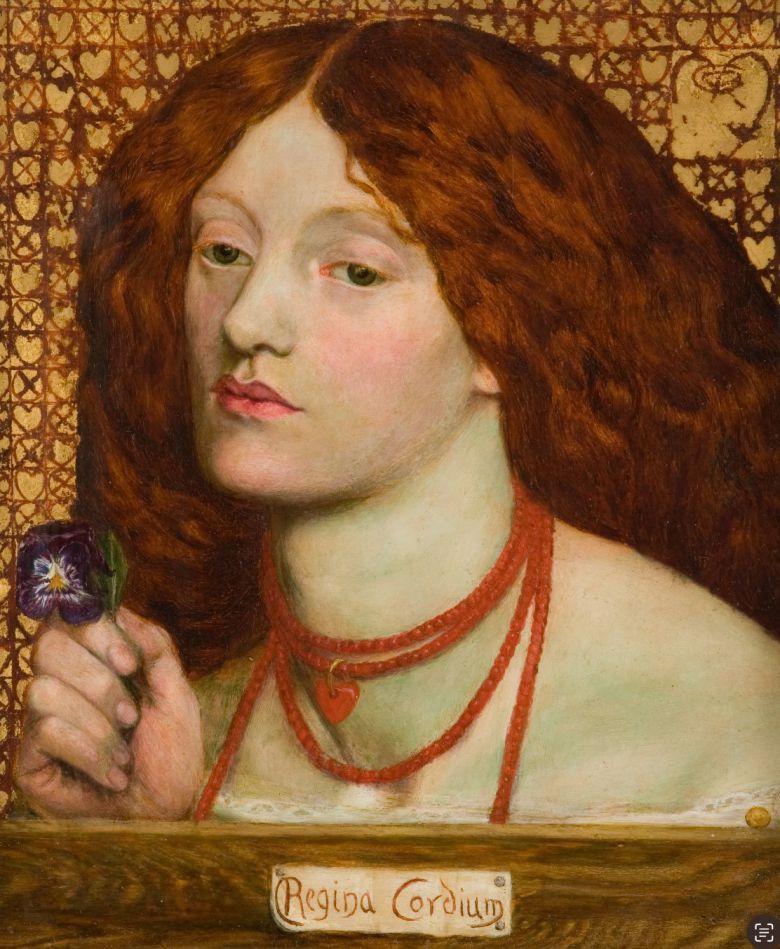 단테 가브리엘 로세티 ‘레지나 코르디움’. 라파엘전파 작가들의 모델로 유명한 엘리자베스 시달로, 로세티와 결혼했지만 1년 후 세상을 떠났다. 그녀가 눈을 감기 1년 전인 결혼 직후 그린 작품이다.  엘리자베스 시달은 존 에버렛 밀레이의 유명 작품 ‘오필리아’의 모델이기도 하다. Dante Gabriel Rossetti, Regina Cordium, oil on panel, 1860, 25,4 x 20,3 cmJohannesburg Art Gallery, Johannesburg