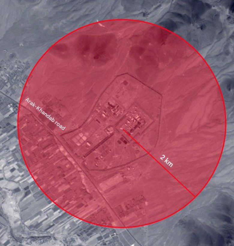 이스라엘군(IDF)이 19일 소셜미디어 X(옛 트위터)에 이란 아라크 중수로 등 원전 지역을 빨간색 원으로 표시하고, 해당 지역에서 대피하라고 알렸다. 출처 이스라엘군 X