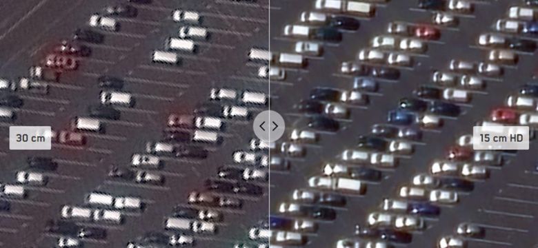 600㎞ 상공에서 인공위성으로 찍은 주차장 사진의 해상도 비교. 왼쪽이 0.3m급 해상도이며 오른쪽이 0.15m급 해상도이다. 맥사 테크놀로지스.