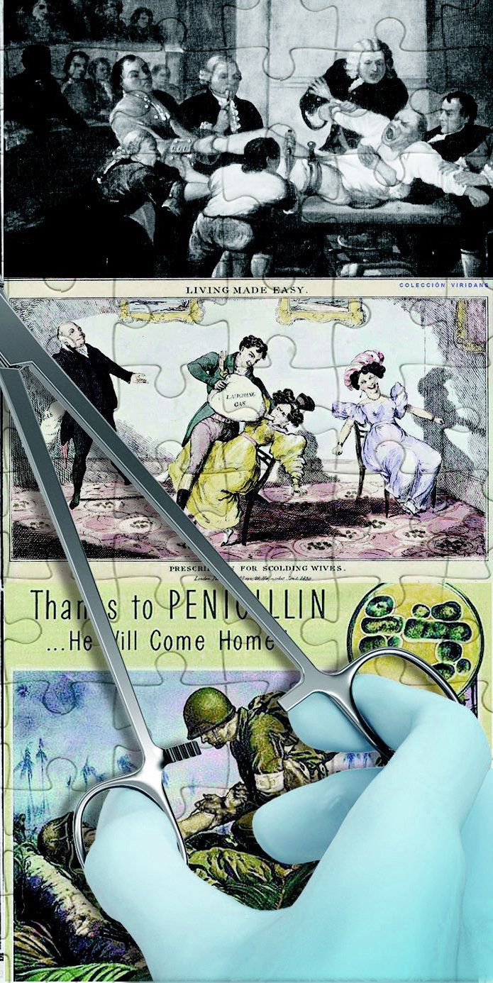 1775년 영국 세인트토마스 병원에서 마취제 없이 수술을 진행하는 장면(위에서 첫 번째 사진). 1830년 험프리 데이비가 한 여성에게 웃음가스를 투여하는 모습(가운데 사진). 최초의 항생제인 페니실린 관련 포스터. 사진 출처 위키피디아·그래픽=안지현 기자 anji1227@donga.com