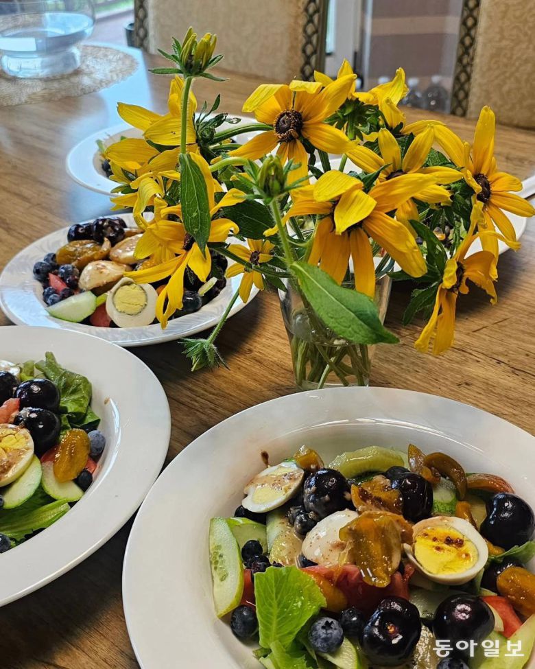 정 씨가 정원에서 키우는 블루베리, 오이, 상추, 토마토 등으로 만든 샐러드. 가평=김선미 기자 kimsunmi@donga.com