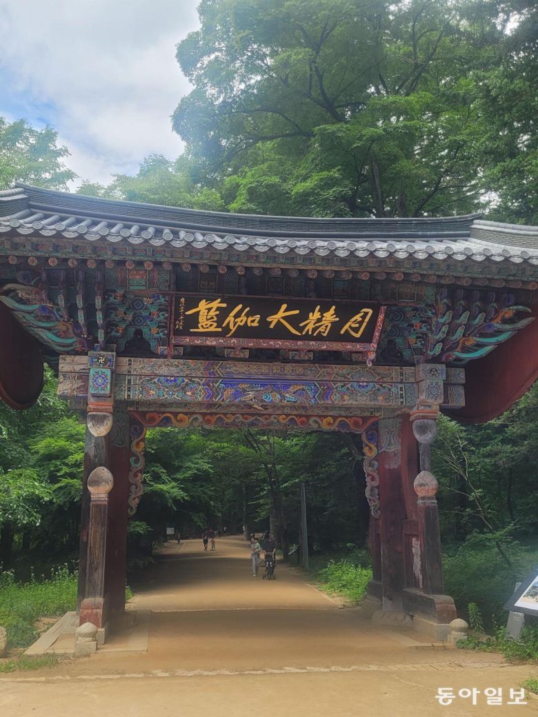 월정사 선재길의 시작인 일주문. 그 뒤로 1700여 그루의 전나무가 숲을 이루는 황토길이 펼쳐진다. 현판 ‘월정대가람’은 탄허 스님(1913~1983) 친필이다. 평창=이진구 기자 sys1201@donga.com