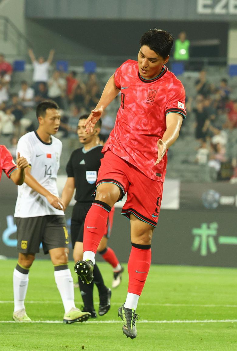 7일 중국과의 동아시안컵 1차전에서 한국의 두 번째 골을 넣은 공격수 주민규. 용인=뉴시스.
