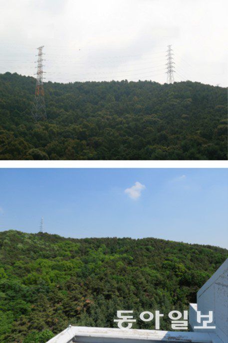 송전철탑 이설 전 아파트 앞 전경(사진 위)과 송전철탑 이설 후 아파트 앞 전경. 의원실 제공
