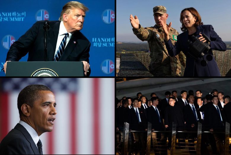 블룸버그 조성준 기자가 취재한 현장을 담은 사진. 사진 왼쪽 위부터 시계방향으로 2019년 하노이 북미회담에서의 트럼프 대통령, 2022년 판문점 방문한 해리스 미국 부통령, 연설 중인 오바마 대통령, 2019년 하노이에서 경호받으며 이동하는 북한 김정은. 블룸버그 조성준 기자 제공
