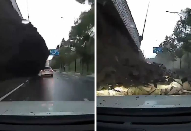 순식간에 무너진 오산 옹벽, 車 덮쳐 16일 오후 경기 오산시 가장교차로 고가도로의 10m 높이 옹벽이 무너지는 순간(왼쪽 사진)과 그 아래를 지나던 승용차를 덮치는 모습이 뒤를 따라오던 차량 블랙박스에 찍혔다. 이 사고로 승용차 운전자인 58세 남성이 숨졌다. 온라인 커뮤니티 영상 캡처