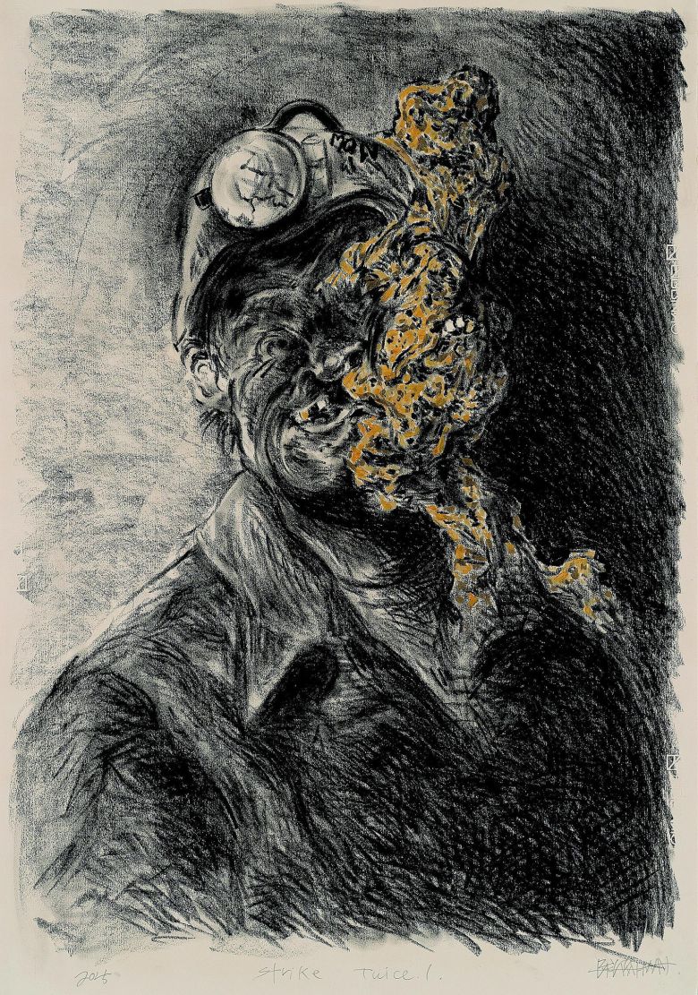 내려친 광부의 얼굴에서 금(金)이 나오는 모습을 담은 배윤환 작가의 신작 ‘두 번 내려쳐’. 스페이스K 제공