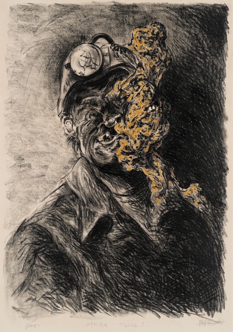 내려친 광부의 얼굴에서 금(金)이 나오는 모습을 담은 배윤환 작가의 신작 ‘두 번 내려쳐’. 스페이스K 제공