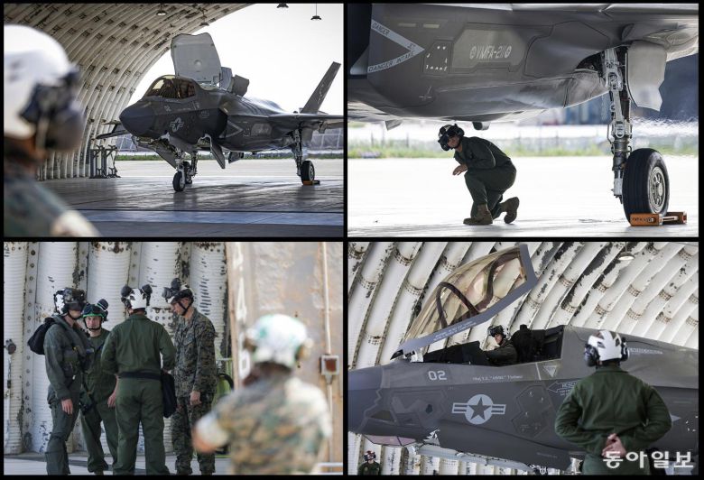 22일 미 해병대 211 전투공격비행대대 정비사들이 출격을 앞둔 F-35B를 점검하고 있다. 군산=박형기 기자 oneshot@donga.com