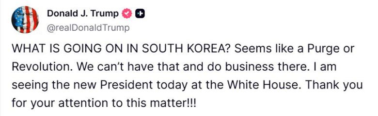 도널드 트럼프 미국 대통령이 25일(현지시간) 한미정상회담을 앞두고 트루스소셜에 올린 글. 사진 뉴시스