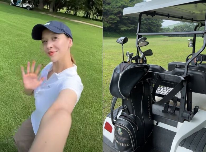지난해 8월 평양에 거주하는 러시아 여성이 평양골프장에서 찍어 소셜미디어에 올린 사진. 한국 골프용품업체 랭스필드의 골프백이 사진과 영상에 담겼다. SNS 캡처