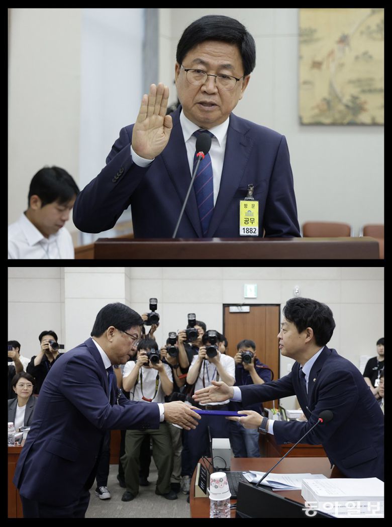 최 후보자가 선서를 마친 뒤 선서문을 김영호 교육위원장에게 전달하고 있다. 박형기 기자 oneshot@donga.com