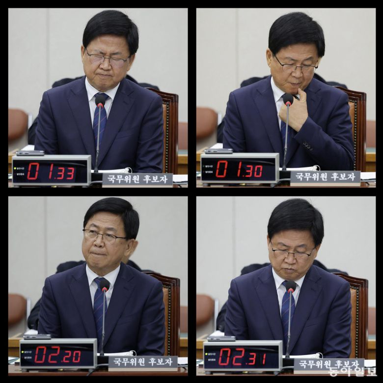 최 후보자가 의원 질의를 들으며 굳은 표정을 짓고 있다. 박형기 기자 oneshot@donga.com