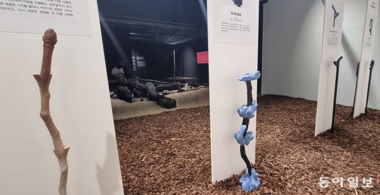 청주공예비엔날레에 전시된, 올해 경북 산불로 전소된 고운사의 잔해와 그 나무들로 제작한 지팡이 작품. 장기우 기자 straw825@donga.com