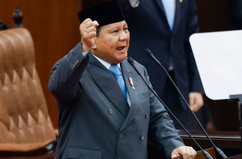 인도네시아 자카르타에서 8월 15일 프라보워 수비안토 대통령이 연례 국정연설을 하고 있다. AP 뉴시스