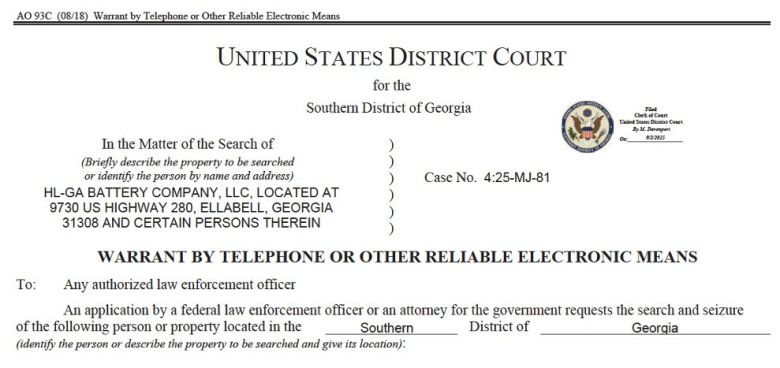 미국 조지아주 남부 연방지방법원이 발부한 압수수색 영장 일부