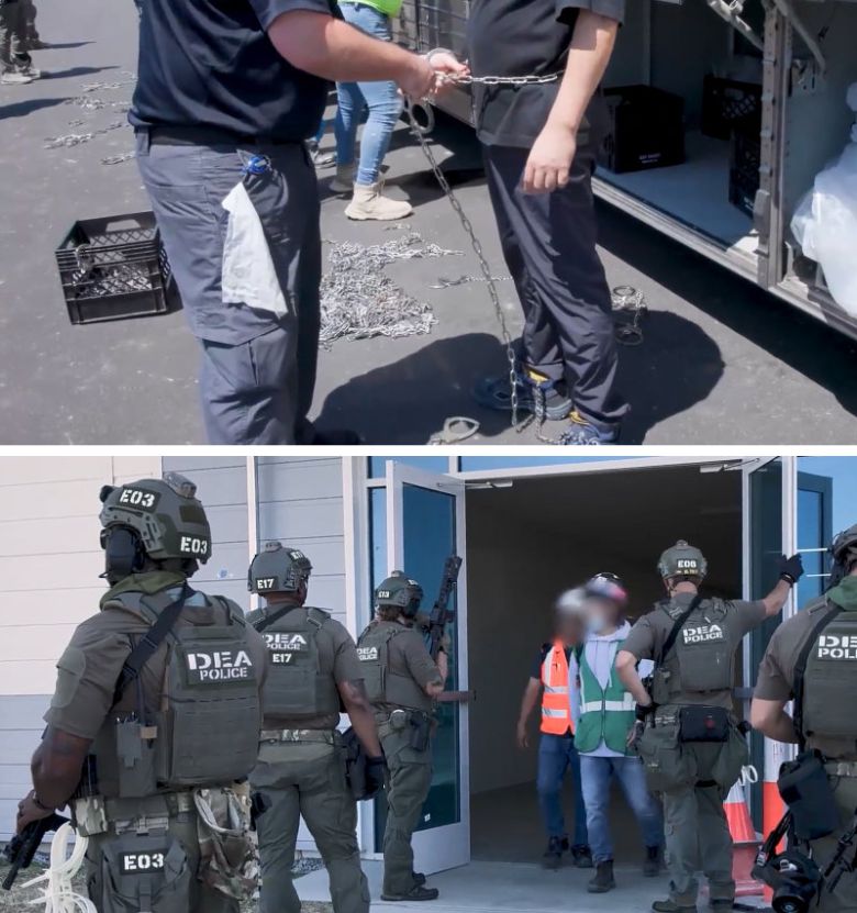 4일(현지 시간) 미국 조지아주 서배너의 현대자동차-LG에너지솔루션 합작 배터리 공장 건설현장(HL-GA)을 급습한 미국 정부 관계자들이 한국인 직원으로 추정되는 남성의 허리와 발을 쇠사슬로 결박하고 있다(위쪽 사진). 이날 단속에 나선 마약단속국(DEA) 요원들이 소총 등으로 무장한 채 공장 건물 입구를 지키고 있다(아래쪽 사진). 미국 이민세관단속국(ICE) 홈페이지 캡처