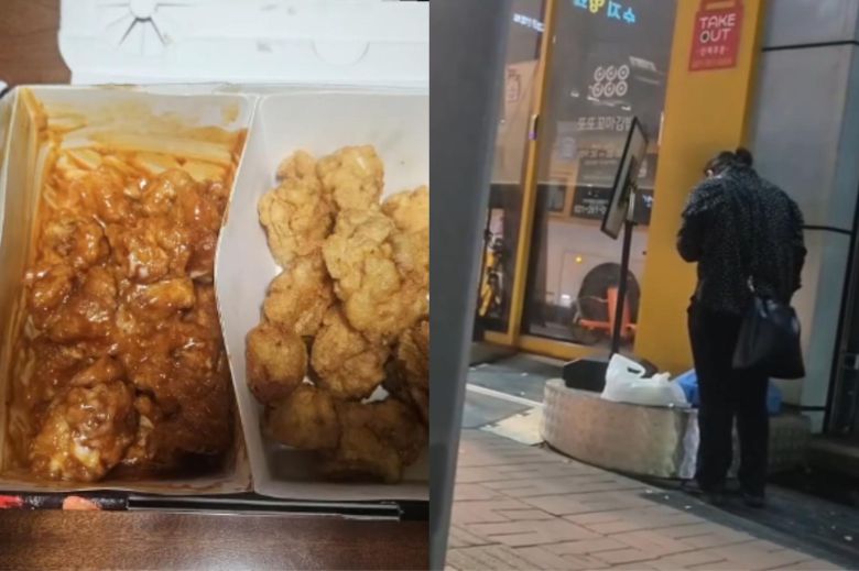 배달기사가 손님 음식을 몰래 빼먹은 사실이 드러났지만, 배달앱 측이 ‘증거 불충분’이라며 보상을 거부해 논란이 일고 있다. 사진은 치킨을 빼먹던 배달기사와 뜯은 치킨상자. 뉴시스 제공