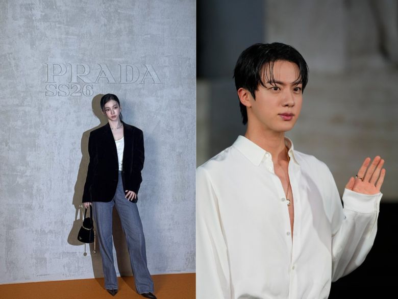 패션위크에 참석한 에스파 카리나(왼쪽)와 방탄소년단 진. [사진=스포츠동아]
