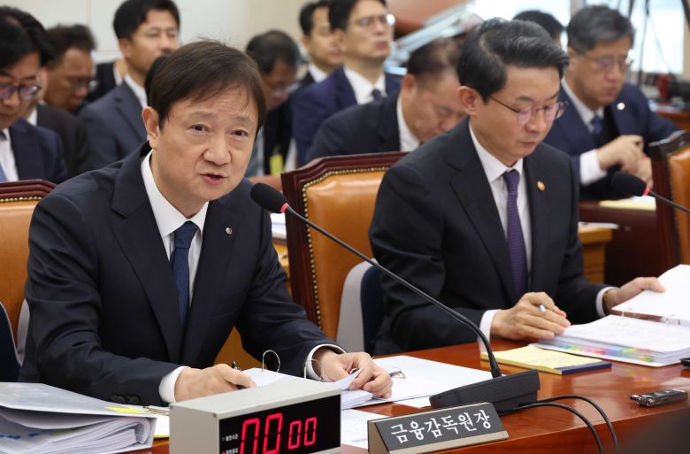 이찬진 금융감독원장이 27일 오전 서울 여의도 국회 정무위원회에서 열린 국정감사에서 의원 질의에 답변하고 있다. 2025.10.27 서울=뉴시스