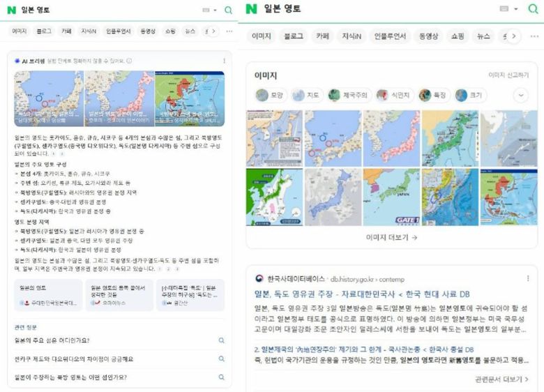 현재는 네이버에서 ‘일본 영토’를 검색해도 AI 브리핑 결과가 표시되지 않는다. 사진=뉴시스