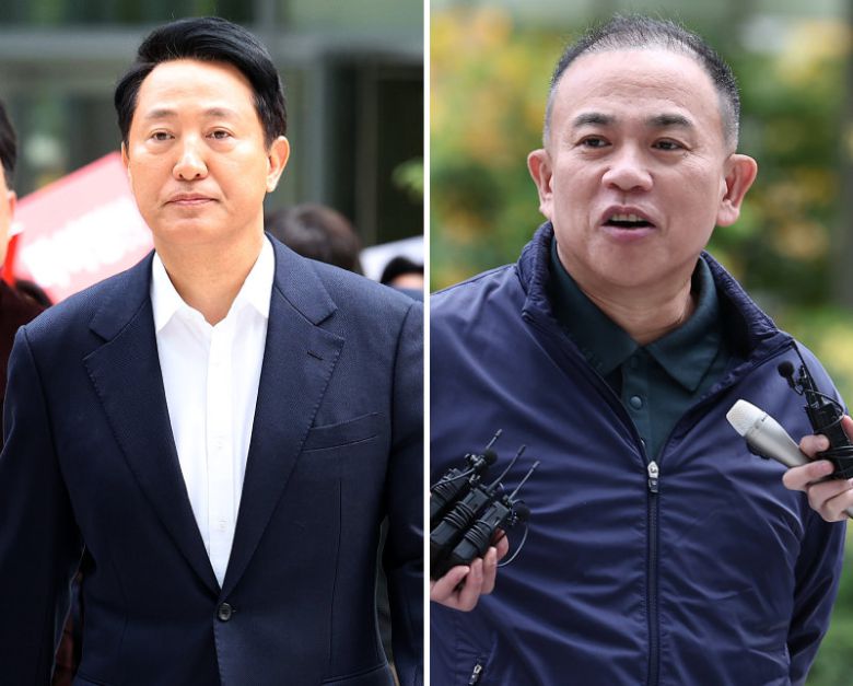 8일 오전 오세훈 서울시장이 여론조사비 대납 의혹 피의자로 소환돼 서울 종로구 김건희 특검 사무실로 출석하고 있다(왼쪽 사진). 이날 ‘정치 브로커’ 명태균 씨도 출석해 오 시장과 약 8시간 동안 대질신문을 받았다. 뉴시스·뉴스1