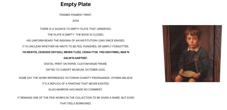 매로우의 공식 홈페이지로 추정되는 웹사이. 이곳에서 그는 ‘빈 접시’ 작품을 “미술관 측에 기증했다(Gifted to Cardiff Museum)”고 명시하고 있다. (출처=eliasmarrow.com 캡처)