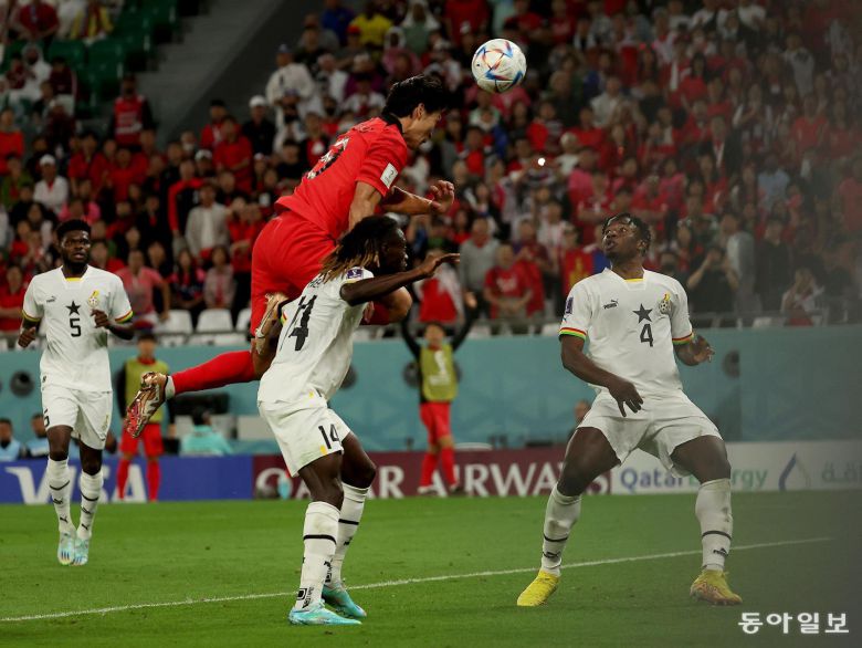 2022 카타르 월드컵 H조 조별리그 2차전 가나전에서 헤더로 득점하고 있는 조규성(위). 동아일보DB.