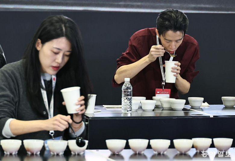 부대 행사로 열린 커피 경연대회 ‘코리아커피리그’에 참가한 선수들이 커피 테이스팅 실력을 겨루고 있다.