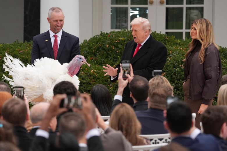 도널드 트럼프 미국 대통령이 부인 멜라니아 여사와 함께 25일(현지 시간) 백악관 로즈가든에서 열린 추수감사절 기념 칠면조 사면식에서 칠면조를 사면하고 있다. 2025.11.26. 워싱턴=AP/뉴시스