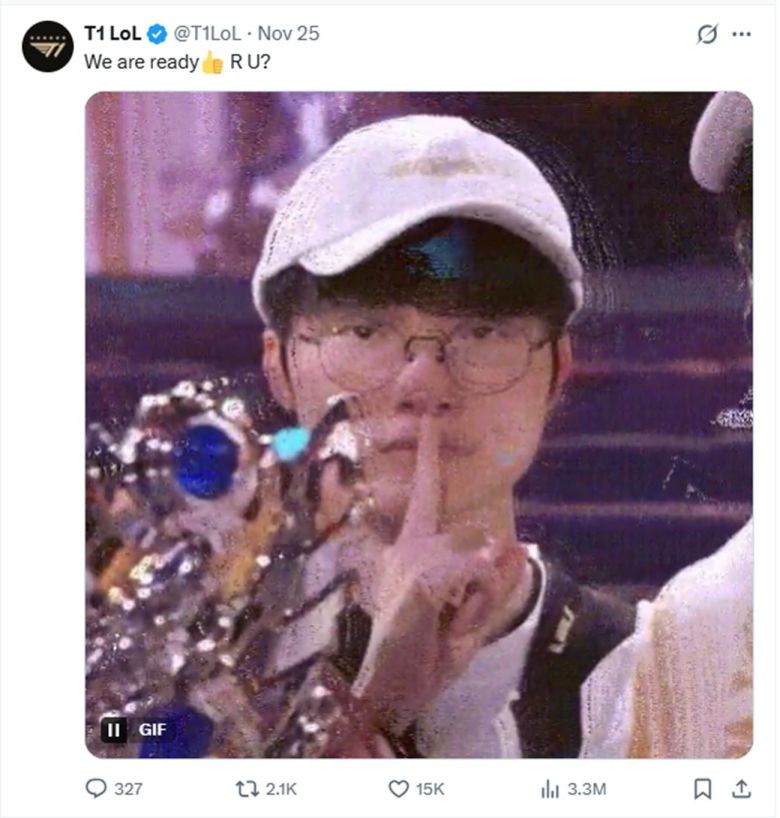 T1은 머스크의 AI 대결 제안에 “We are ready. R U?”라며 페이커의 시그니처 ‘쉿(Shh)’ 제스처 영상으로 응답했다. T1의 X계정 캡처