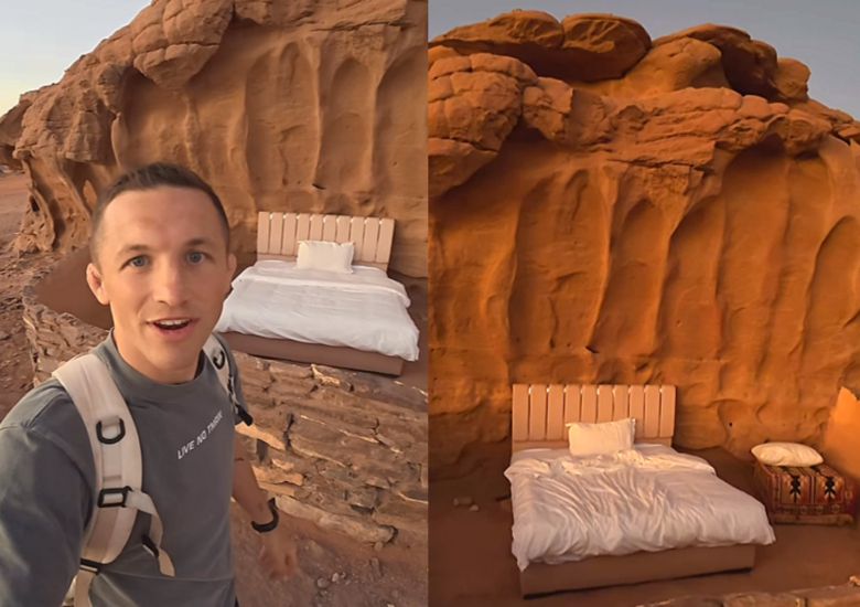 여행 인플루언서 존니 디줄리어스가 요르단 와디럼 사막 한가운데서 1박 약 6만원에 숙박한 ‘지붕 없는 침대 숙소’ 후기를 공개해 소셜미디어에서 큰 화제를 모았다. 사진=@Jonny Dzululis