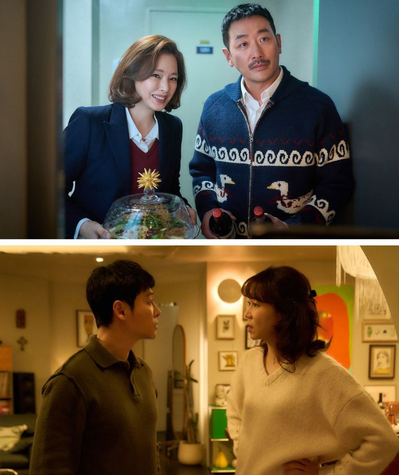 영화 ‘윗집 사람들’에서 윗집 부부(하정우, 이하늬)와 아랫집 부부(공효진, 김동욱). 바이포엠스튜디오 제공