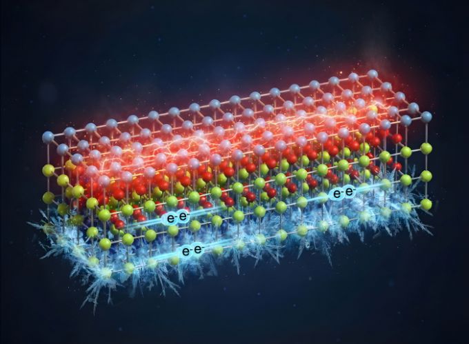 구리산화물 내의 원자 배열과 물질 내에서 구역별로 온도가 달라지는 ‘열적 탈동조화’ 현상이 일어나며 고온초전도 현상이 나타나는 모습. 상단의 파란색 층은 온도가 높아 초전도 현상이 일어나지 않지만 아래쪽 초록색 층은 상대적으로 온도가 낮고 초전도 현상이 일어난다. 이건도 교수 제공